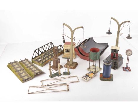 0 Gauge and Gauge 1 Accessories by various Makers (qty),  Hornby 3-piece Girder Bridge, scratchbuilt water Tower, Gauge 0-1, 