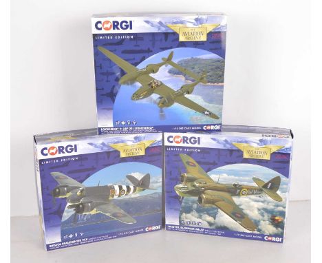 Corgi Aviation Archive 1:72 Scale WWII Allied Aircraft,  all three boxed, AA36615 Lockheed P-38 Lightning Miss Virginia white