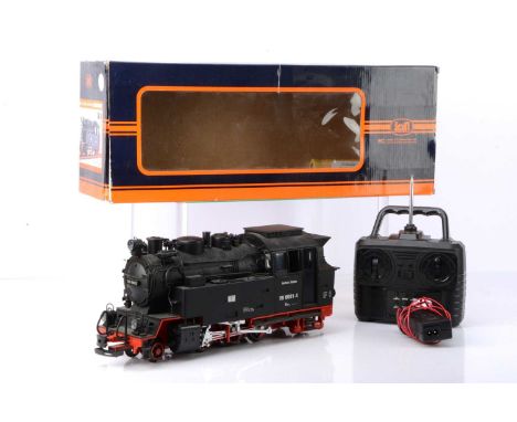 A G Scale (for gauge 1 track) battery-powered German 2-6-2 Tank Locomotive by 'Train',  in classic black/red livery as No. 99