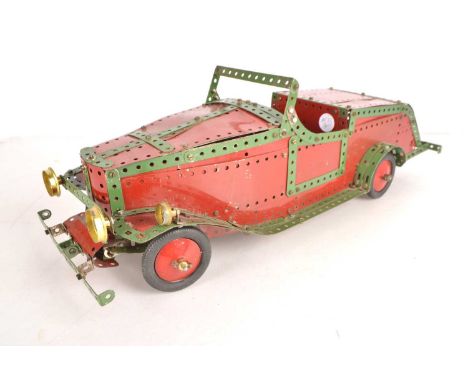 A large scale 2-Seater Roadster made from red and green Meccano,  built to a good standard with working steering, length 62cm