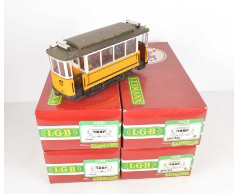 LGB G Scale (gauge 1) Electric Trams (5), in the classic German 4-window style and all in yellow/white livery with 'CLR' lett