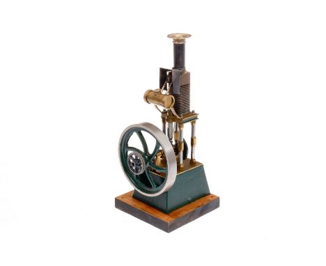 Stehender Heißluftmotor, Flammenfresser, Messing/Guss, mit Brenner, tw nachlackiert, auf Holzsockel, H 32, sonst Z 2 ”Hot-air