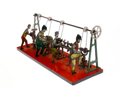 Carette Werkstatt mit 4 Männern an Maschinen und Hochtransmission, auf Holzsockel, uralt, CL, L 44, Z 2 ”Carette workshop wit