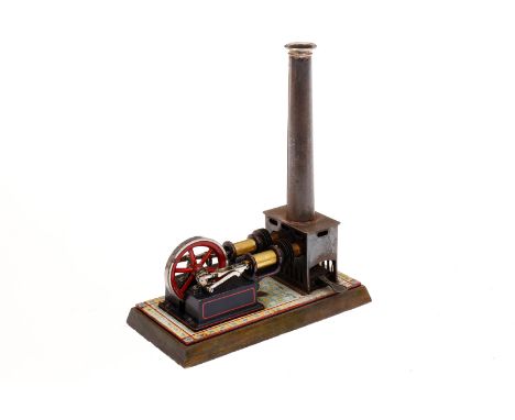 Bing liegender 2-Zylinder-Heißluftmotor Nr. 135 (?), mit 2 feststehenden Zylindern, Fliesenboden und Holzsockel, L 26,5, Alte