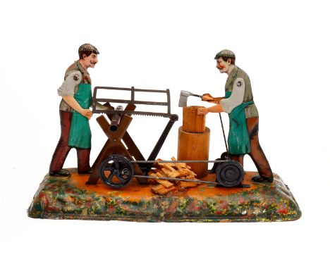 Bing 2 Männer an Hackstock und Säge, uralt, CL und HL, Alterungsspuren, L 25, noch Z 2 ”Bing steam engine drive model”