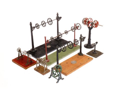 8 versch. Transmissionen, tw Plank, uralt, tw Holzsockel, L 12-29, Z 3 ”8 steam engine transmissions”