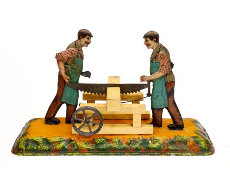 Bing 2 Männer an Säge, uralt, CL und HL, tw LS, L 25,5, Z 2-3 ”Bing steam engine drive model”