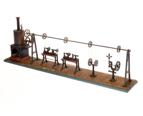 Werkstatt, uralt, mit kleiner stehender Dampfmaschine, mit Brenner und oszill. Zylinder, 4 Maschinenmodellen an langer Hochtr