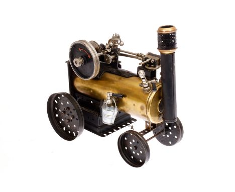 Märklin Verwandlungsmotor Nr. 402, mit Zubehör, als fahrbare Lokomobile, Messingkessel (kleine Beulen), KD 7, mit Armaturen u