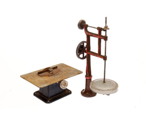 2 Antriebsmodelle, uralt, Guss, HL, Bing Buttermaschine, Glasbehälter fehlt und Märklin Tischkreissäge, RS, H 20 und L 14,5, 