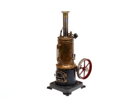 Bing stehende Dampfmaschine, Messingkessel, KD 8,5, mit Armaturen, Brenner und feststehendem Zylinder, auf Guss-Sockel, HL, l