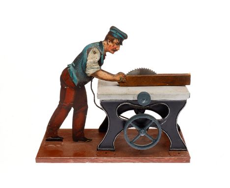 Mann an Tischkreissäge, uralt, CL, Sockel nachlackiert, L 14, Z 3 ”Steam engine drive model”