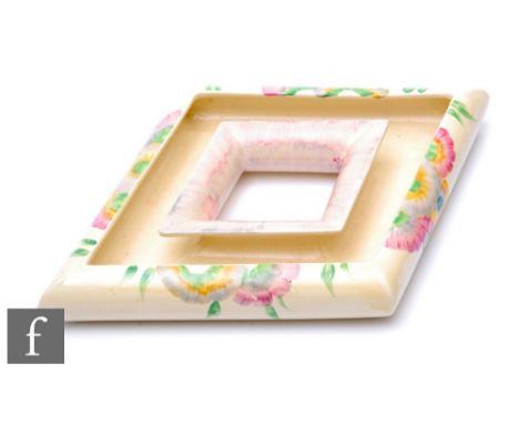 Clarice Cliff - Pink Pearls - A shape 726 diamond flower trough circa 1936, hand painted with stylised flowers and foliage wi