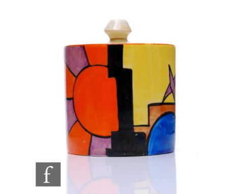 Clarice Cliff - Night &amp; Day (Sunray) - A size 3 drum preserve circa 1930, hand painted with a stylised abstract landscape