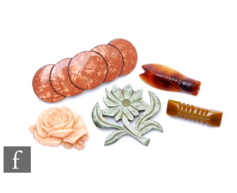 Unknown - Four vintage lucite brooches comprising a cicada, a bar, a rose head and a flower, together with a French Art Deco 