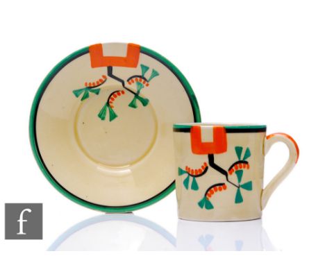 Clarice Cliff - Ravel - A Tankard shape coffee can and saucer circa 1930, hand painted with an abstract spray to the shoulder