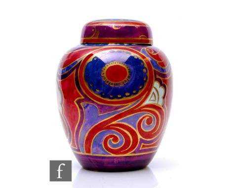 Grays Pottery - A circa 1920s Gloria Lustre Ware ginger jar and cover of shouldered ovoid form with domed cover, hand painted