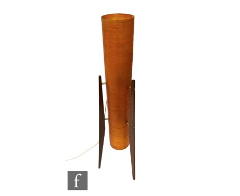Attributed to Novoplast - A 1960s cylindrical rocket floor lamp, the orange spun acrylic shade raised to three teak supports,