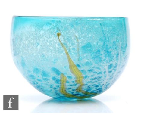 Siddy Langley - A contemporary studio glass bowl of high sided form, decorated with a stylised seascape in mottled tonal blue