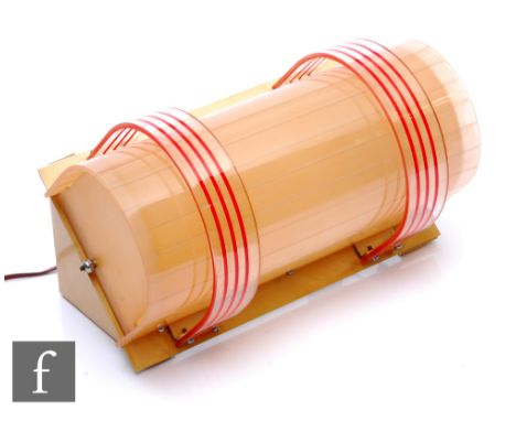 Unknown - A 1930s Art Deco Odeon style corner light, the metal frame with a semi-circular peach plastic frame with two red an