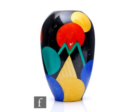 Susie Cooper - Grays Pottery - A 1920s Art Deco vase of swollen form decorated in the Moon and Mountain 7960 pattern, printed