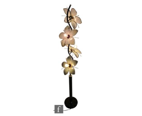 Unknown - A 1980s black painted 'Hollywood' floor lamp of scroll undulating form, with four gilt lights, and smoked glass flo