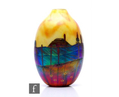 Richard P. Golding - Station Glass - A contemporary studio Aztec glass vase of compressed ovoid form, the body decorated with