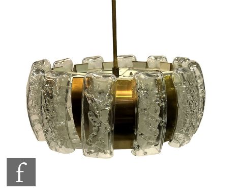Doria Leuchten - A 1970s German 'Ice glass' pendant light fitting, the brass circular frame, applied with a series of glass p