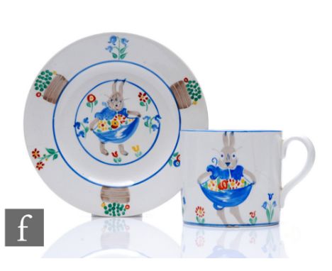 Grays Pottery - Possibly Susie Cooper - A child's loop handle mug and matched plate, both hand painted in pattern 2675 with a