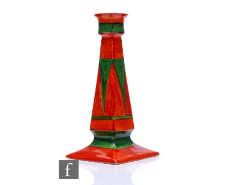 Clarice Cliff - Original Bizarre - A small size Elton candlestick circa 1928, hand painted with rust red and green triangles 