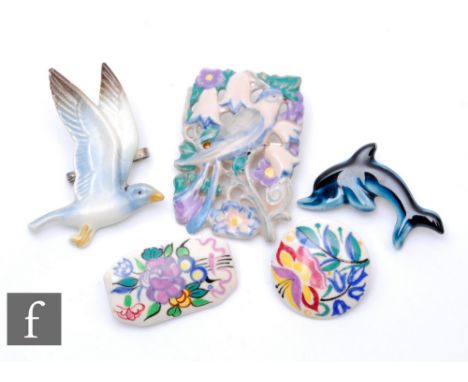 Poole Pottery - A 1930s Art Deco rectangular brooch with a bird perched on a flowering branch with cut out detailing, painted