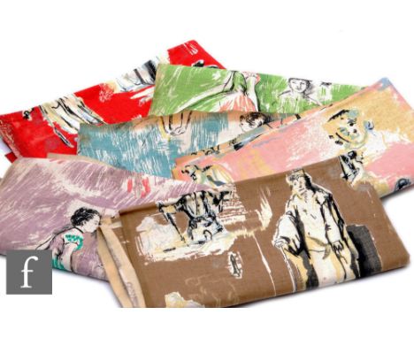 Unknown - Four sample pieces of 1950s fabric, depicting sketch style ballet dancers in various poses over four different colo