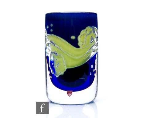 Ole Alberius - Orrefors - A large Ariel vase circa 1978, of cylindrical form with clear crystal cased over blue with bright g