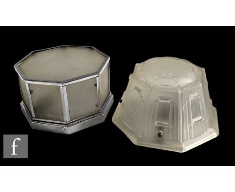 Unknown - A 1930s Art Deco ceiling light, the frosted glass decorated with stepped block design to the octagonal body, comple