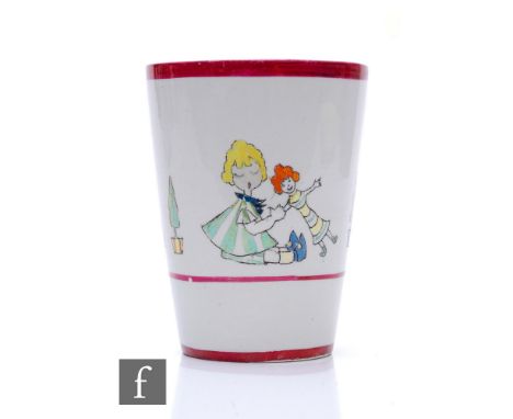 Grays Pottery - A Gloria Lustre Ware child's beaker circa 1924, transfer printed and enamel decorated in pattern 4345 with a 