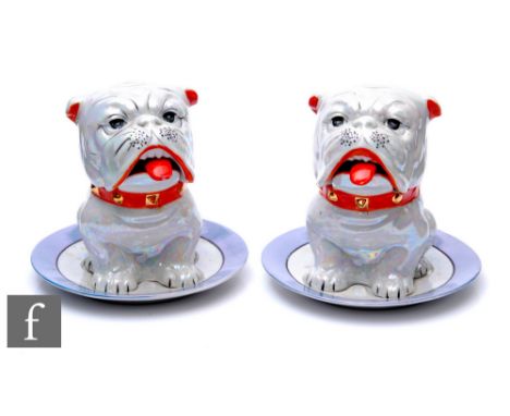 Shofu - A pair of 1920s ceramic preserve pots, modelled as stylised bulldogs, decorated in a lustre glaze with spoons and mat