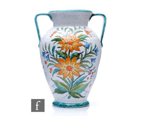 Unknown - A 1960s Italian large twin handled vase, of shouldered ovoid form with flared neck, decorated with sgraffito floral