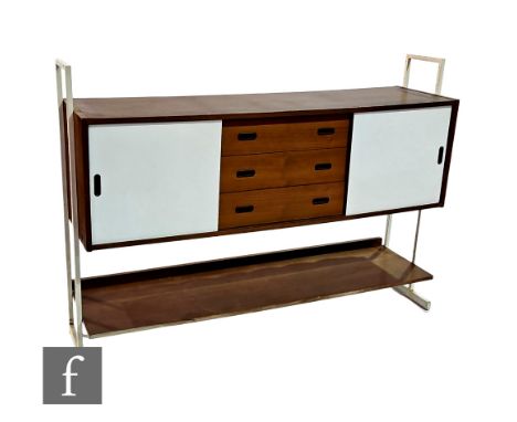 Interflex Furniture - A bar cabinet on square tubular steel supports, with white button down padded vinyl back to one side an