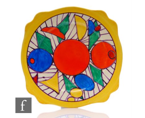 Clarice Cliff - Geometric Fruit (Allsorts) - A Leda shape plate circa 1929, hand painted with a band of abstract motifs over 