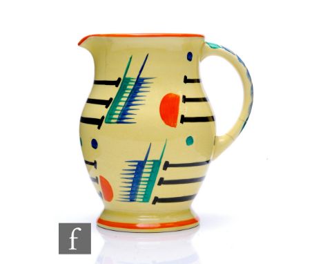 Susie Cooper - A 1930s Art Deco jug decorated with a hand painted abstract pattern of black horizontal lines, blue and green 