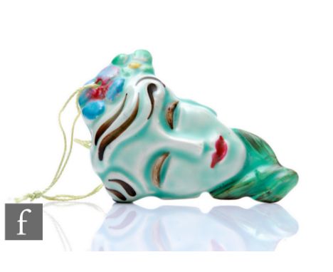 Clarice Cliff - Sadie - A facemask pendant modelled as a fashionable lady in forward facing pose with flowers in her hair, pi