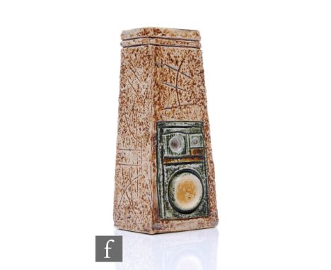 Troika - Tamsin Ruhrmund - A Coffin vase circa 1973-1979, decorated with relief carved abstract designs picked out in tonal b