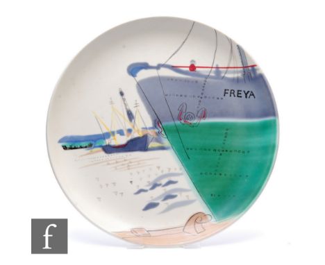 Ann Rhead - Poole Pottery - A large dish plate decorated in the VZ pattern painted with boats moored in Poole Harbour, the bo
