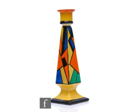 Clarice Cliff - Cubist - A large Elton shape candlestick circa 1930, hand painted with repeat abstract panels to every face b