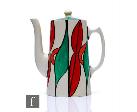 Clarice Cliff - Whisper Variant - A Tankard shape coffee pot circa 1929, hand painted with repeat abstract motifs in green, o