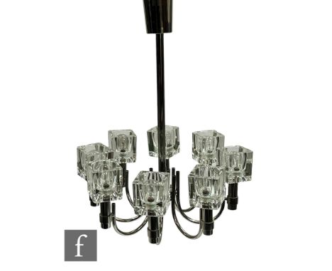 In the manner of Gaetano Sciolari - Lightolier - A 1970s 'Ice-cube' ceiling eight-light pendant light fitting, the chromed sc