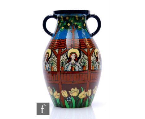 Frederick A. Rhead - Wileman &amp; Co Foley - A large Intarsio Pottery vase of swollen ovoid form with collar neck with loop 