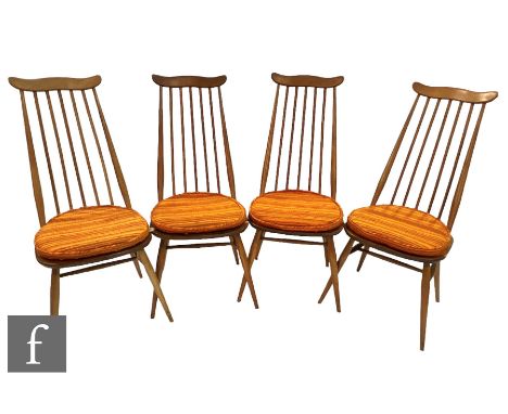 Lucian Ercolani - Ercol Furniture - A set of four blonde elm and beech model 369 'Goldsmith' chairs, complete with original l