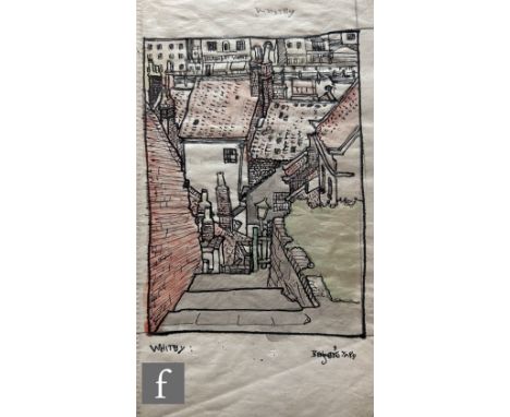 Albert Wainwright (1898-1943) - Whitby, a sketch depicting a street view, pen, ink and wash, unframed, 18.5cm x 10.5cm. 