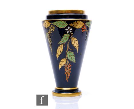 Carlton Ware - A small shape 777 Art Deco vase decorated in the Leaf &amp; Catkin pattern with on glaze gilding and enamel of